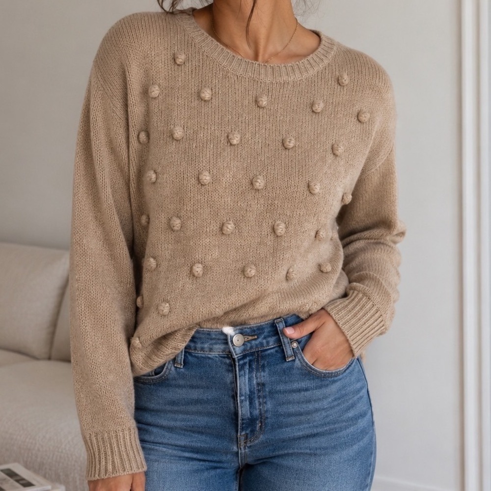 Fantastic Fawn Tan Pom Pom Bobble Knit Sweater Crew Neck Boho Chic KT2275 L dd